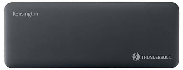 Un appareil rectangulaire noir portant les inscriptions 'Kensington' et 'THUNDERBOLT', symbolisant la connectivité et la technologie.
