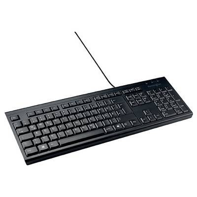 Clavier noir QWERTZ filaire avec pavé numérique et disposition standard des touches, adapté aux postes de travail informatiques.