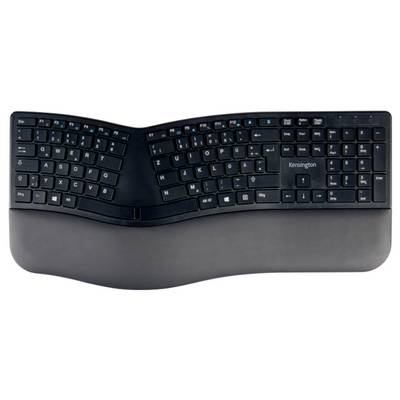 Clavier ergonomique au design ondulé ; deux parties séparées pour un confort amélioré et un repose-poignets intégré.