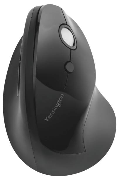 Une souris d'ordinateur noire de Kensington, au design ergonomique, vue de dessus, avec molette de défilement et boutons visibles.