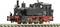 Locomotive à vapeur sur rail, chaudière noire avec châssis rouge. Vue de face montrant les détails de la locomotive, son type et son numéro.
