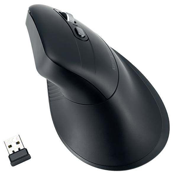 Souris d'ordinateur ergonomique noire avec molette de défilement latérale et récepteur USB. Idéale pour un travail confortable sur PC.