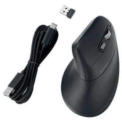 Souris ergonomique verticale en noir avec molette de défilement et deux boutons. Un câble de charge USB-C et un récepteur USB sont fournis.