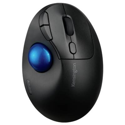 Trackball noir ergonomique avec une boule bleue au centre et deux boutons, conçu pour un travail confortable et précis.