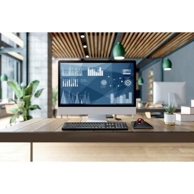 Un écran d'ordinateur sur un bureau affiche divers données et graphiques, incluant des diagrammes à barres et des graphiques circulaires dans un bureau moderne.