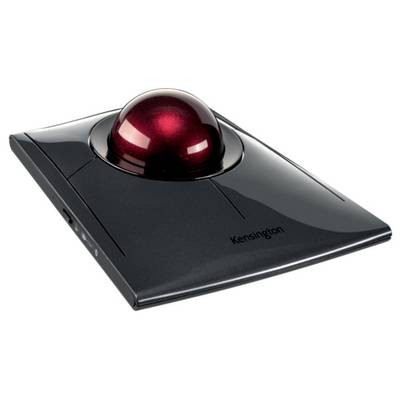 Un trackball noir de Kensington avec une boule rouge au centre. La surface est lisse et ergonomiquement conçue.