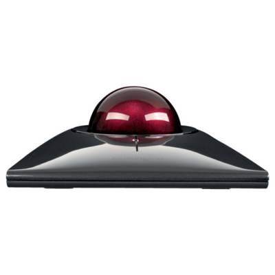 Un trackball noir avec une boule rouge brillante au centre, posé sur une surface lisse.