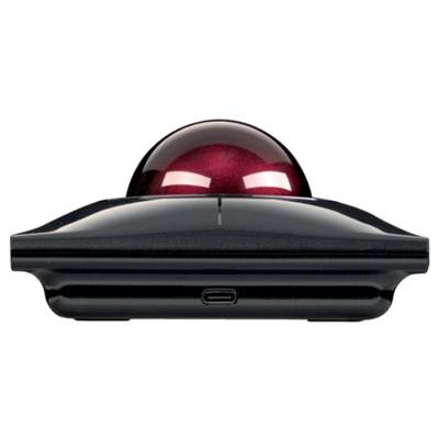 Un trackball rouge sur un boîtier noir, photographié de face. Un port USB-C est visible en bas.