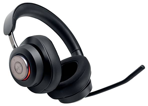 Casque noir avec microphone, adapté aux téléconférences et à la communication en ligne. Le voyant LED indique l'état de fonctionnement.