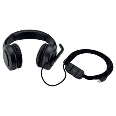 Un casque noir avec des coussinets d'oreille, un bras de microphone et un câble amovible avec télécommande et connecteur USB-C.