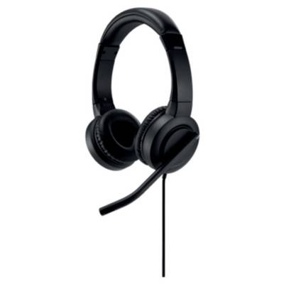 Casque audio noir circumaural avec microphone intégré et câble, adapté aux appels téléphoniques ou à l'utilisation sur ordinateur.