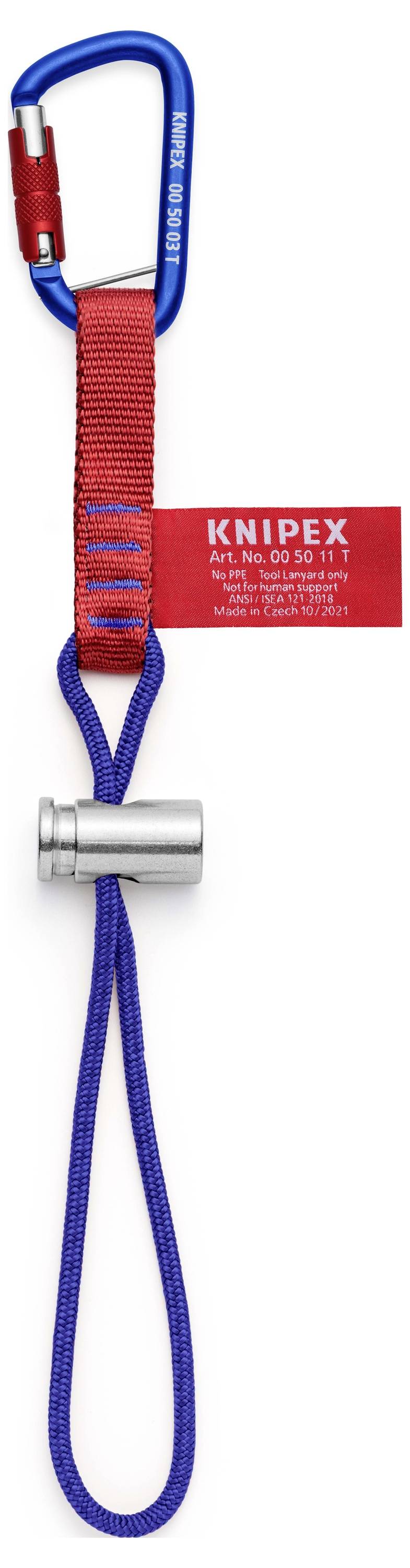 'Porte-outils multifonction avec mousqueton bleu, sangle rouge et fermeture de sécurité, portant une étiquette rouge "KNIPEX".'