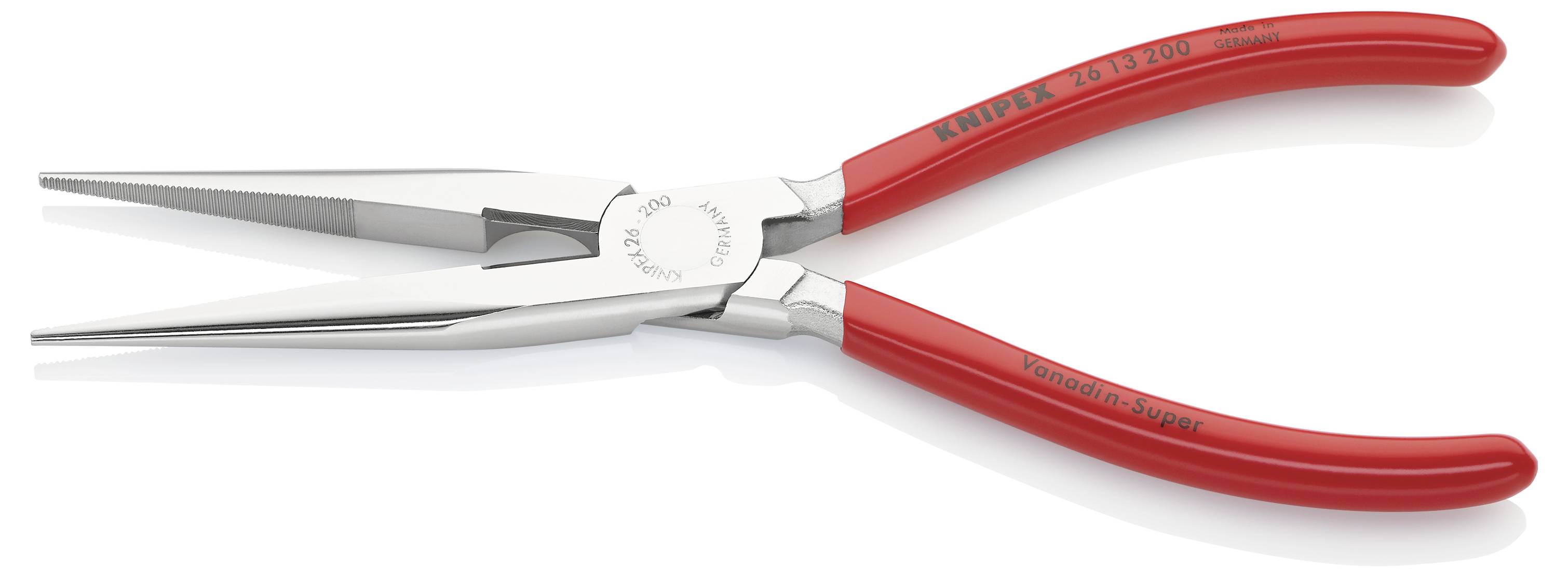 Pince coupante fine à long bec avec poignées rouges, adaptée pour une préhension et une coupe précises dans des zones difficiles d'accès.