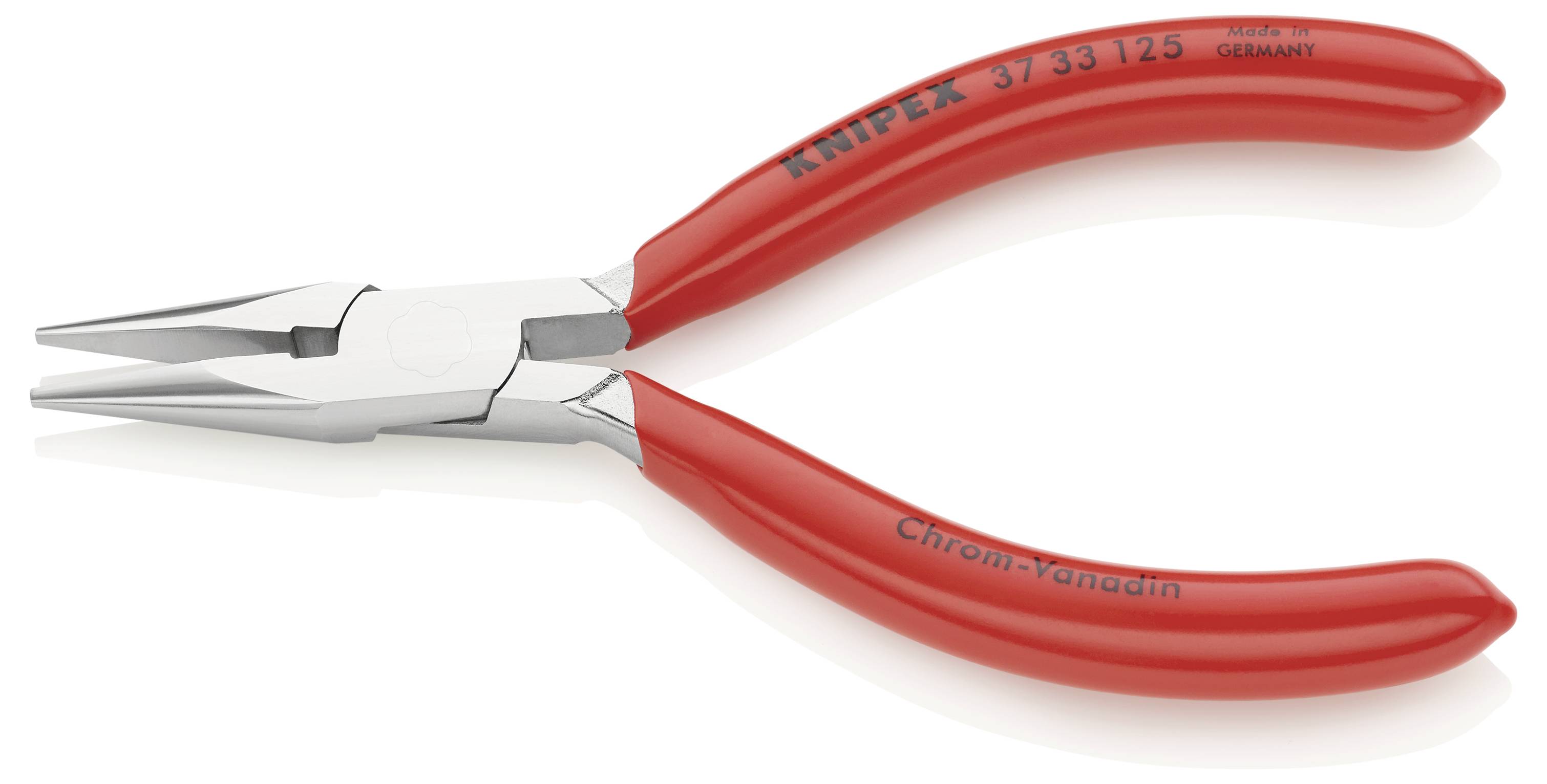 Pince coupante rouge à bec pointu avec tête en métal et poignées isolantes, portant l'inscription 'Knipex 3/33 125' et 'Made in Germany'. Outil pour travaux de précision.