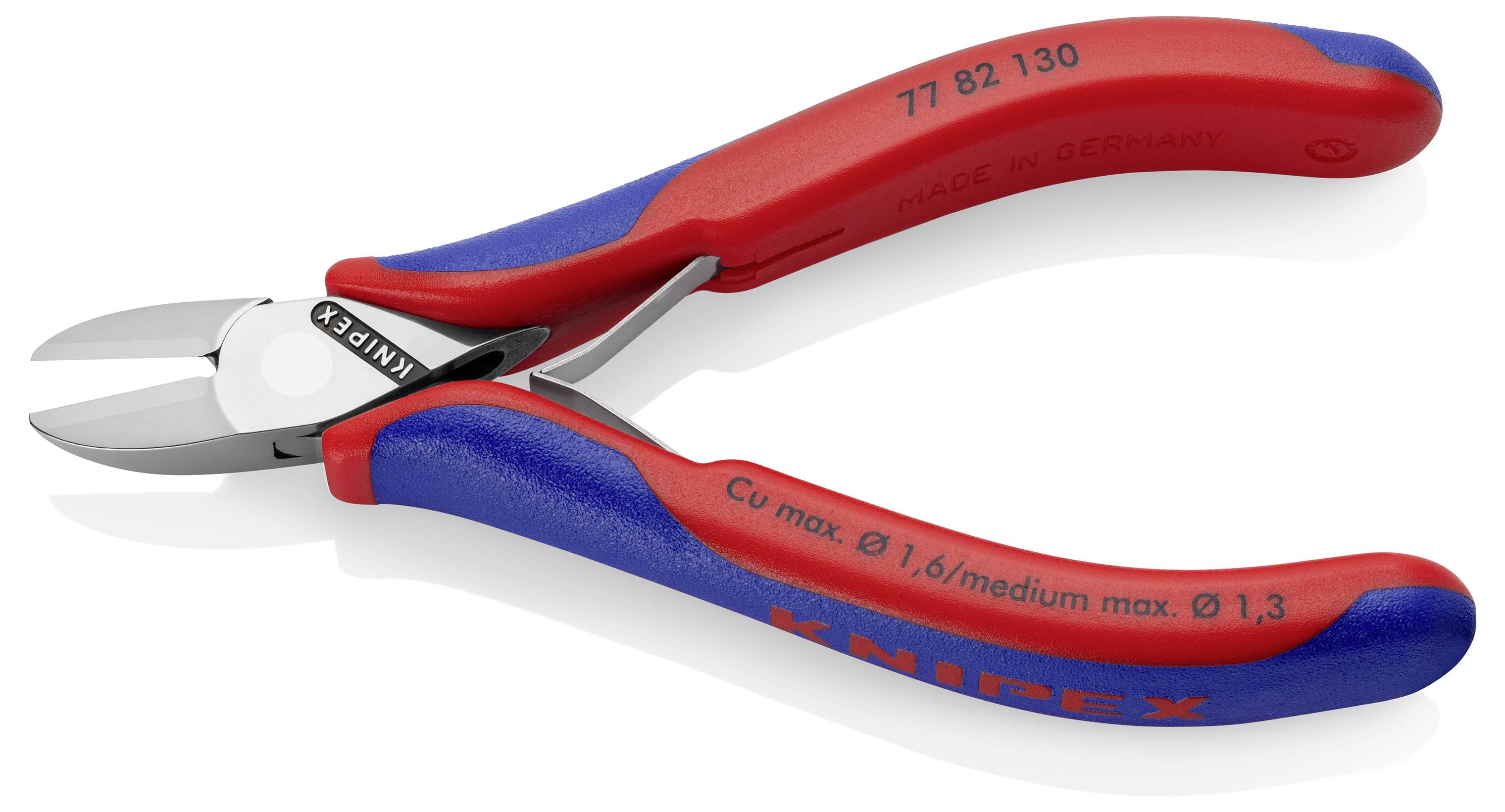 Pince KNIPEX rouge et bleue avec des lames métalliques brillantes, conçue pour couper des fils. 'Made in Germany' et numéro de modèle sur la poignée.