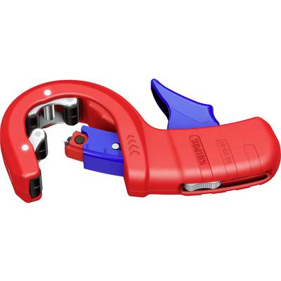 Un outil de dénudage de câbles rouge et bleu est posé sur un fond blanc. Il présente une forme ergonomique pour une manipulation facile.