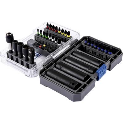 Une boîte à outils comprenant divers embouts de tournevis, adaptateurs de douilles et rallonges, organisés dans un coffret en plastique gris avec des sections codées par couleur.