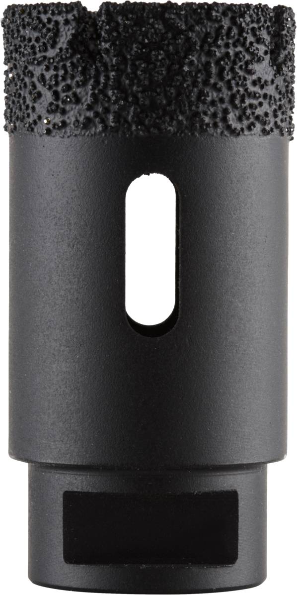 Couronne de forage noire, cylindrique, avec une pointe rugueuse et une ouverture ovale au centre, adaptée pour le perçage de matériaux durs.