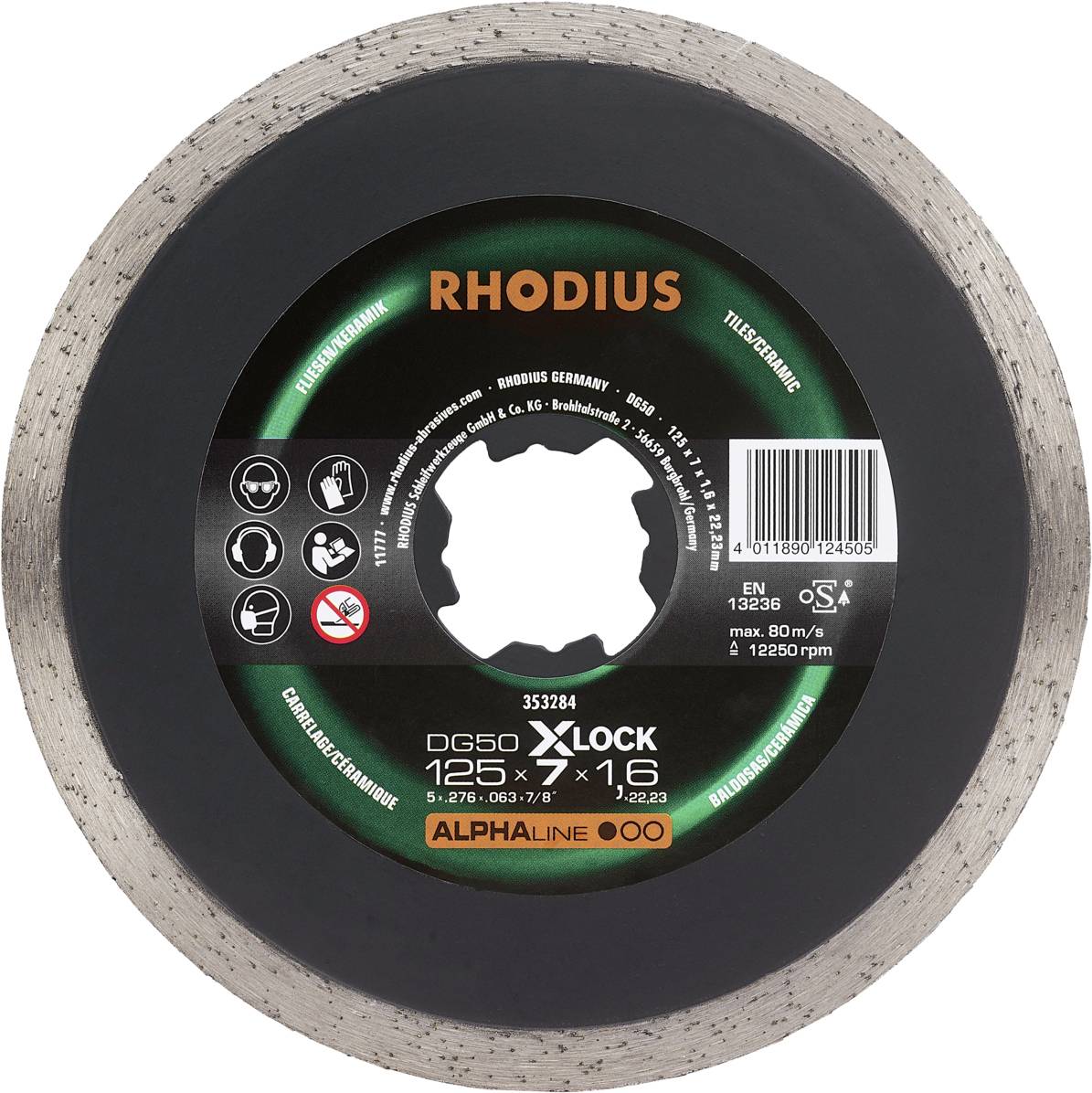 'RHODIUS Disque à tronçonner diamanté DG650 X-LOCK, 125 x 1,6 mm' au centre, fond noir. Le texte et les logos informent sur les détails techniques.