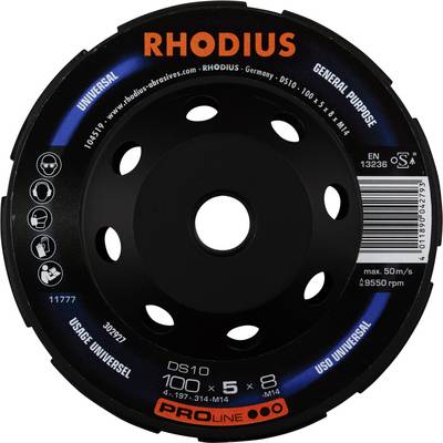 Un disque de tronçonnage Rhodius noir avec inscription orange 'Universal'. Diamètre : 100 mm, vitesse max. : 50 m/s.