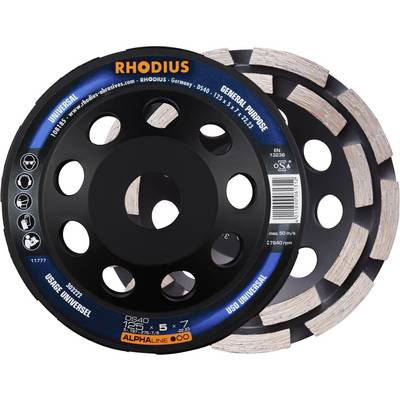 Deux meules abrasives de la marque 'RHODIUS', l'une en vue frontale, l'autre avec des segments de meulage visibles. Adaptées à une utilisation universelle.