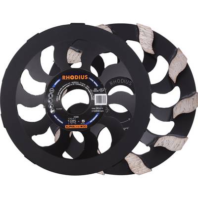 Deux meules noires de Rhodius sur un fond blanc, avec des segments de meulage couleur cuivre et des détails du produit au centre.