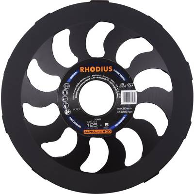 Disque à meuler noir avec des découpes ondulées et le logo central d'entreprise 'RHODIUS'. Adapté pour l'usinage des métaux, vitesse max. 80 m/s.