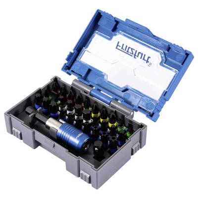 Un étui à outils bleu et gris contenant divers embouts de tournevis de différentes couleurs et une poignée, conçu pour des tâches mécaniques polyvalentes.