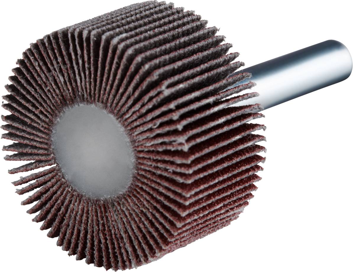 Embout de ponçage avec des feuilles abrasives plates et éventées. Utilisé pour lisser les surfaces dans des applications artisanales ou industrielles.