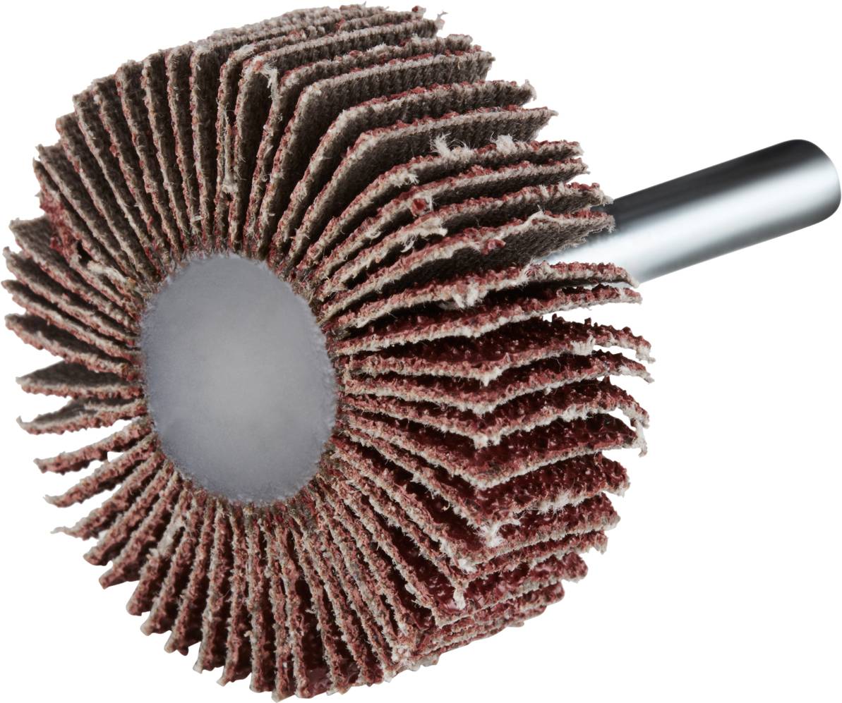 Outil de meulage avec lamelles abrasives radiales en papier de verre, monté sur une tige métallique, pour le traitement des surfaces.