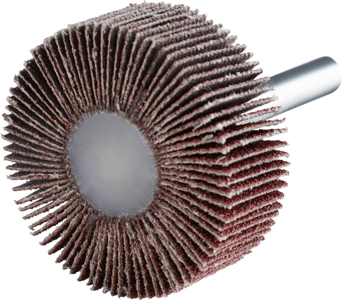 L'image représente un embout de meulage avec des feuilles de ponçage radiales autour d'un axe central. Adapté pour le traitement de surface et le polissage.