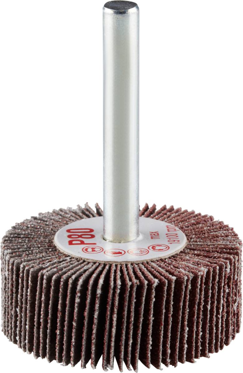 Disque à lamelles abrasives grain P80 avec tige métallique, adapté au ponçage et polissage des surfaces métalliques et en bois.