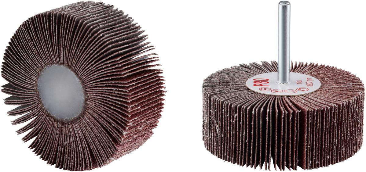 Deux meules abrasives de tailles différentes avec des lamelles abrasives disposées radialement, adaptées à l'usinage des métaux.
