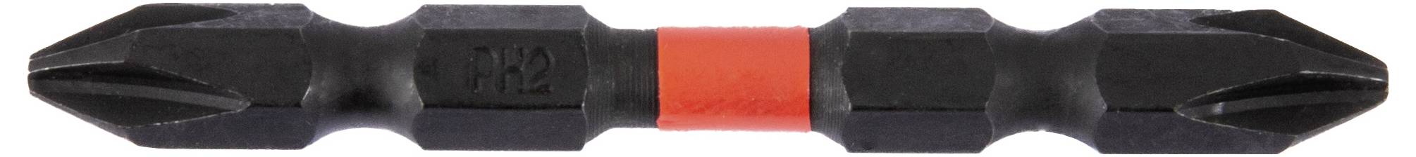 Un embout de tournevis double, noir avec une bande rouge au centre, présentant une tête Phillips à chaque extrémité pour une utilisation polyvalente.
