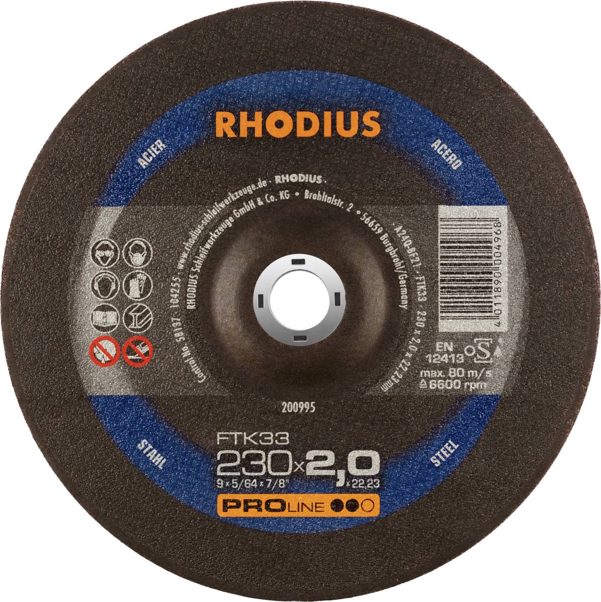 'Disque à tronçonner RHODIUS, Proline 230x2,0mm, pour acier et acier inoxydable, max. 80m/s, 6600 tr/min. Norme EN 12413, divers symboles de sécurité.'