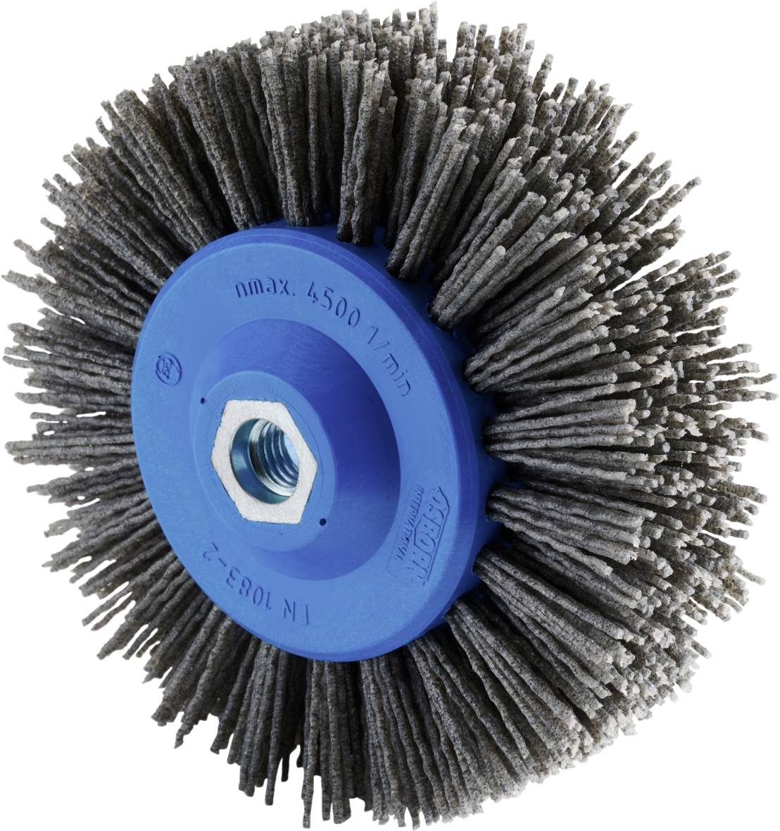Brosse rotative avec partie centrale bleue et poils gris ; vitesse de rotation maximale de 4500 tr/min, filetage de fixation au centre.