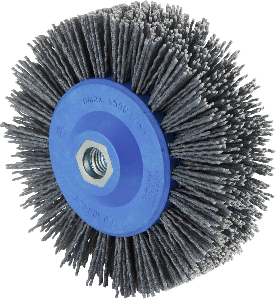 Disque abrasif rond, robuste, avec un noyau en plastique bleu, adapté pour le traitement de surface. Vitesse de rotation maximale de 4500 tr/min.