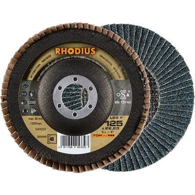 Disque de meulage avec des lamelles bleues marquantes et une fixation métallique centrale. Inscription : 'RHODIUS', indiquant la taille et les détails techniques.