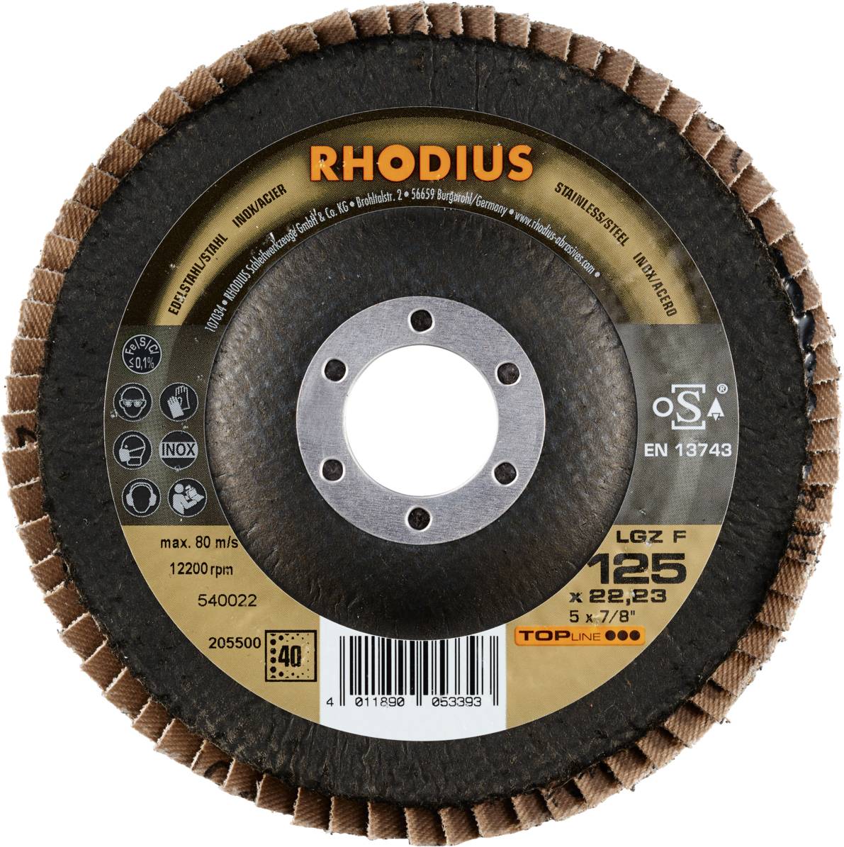 Disque à tronçonner RHODIUS, diamètre 125 x 22,23, pour l'usinage des métaux. Vitesse : 80 m/s, 12200 tr/min.