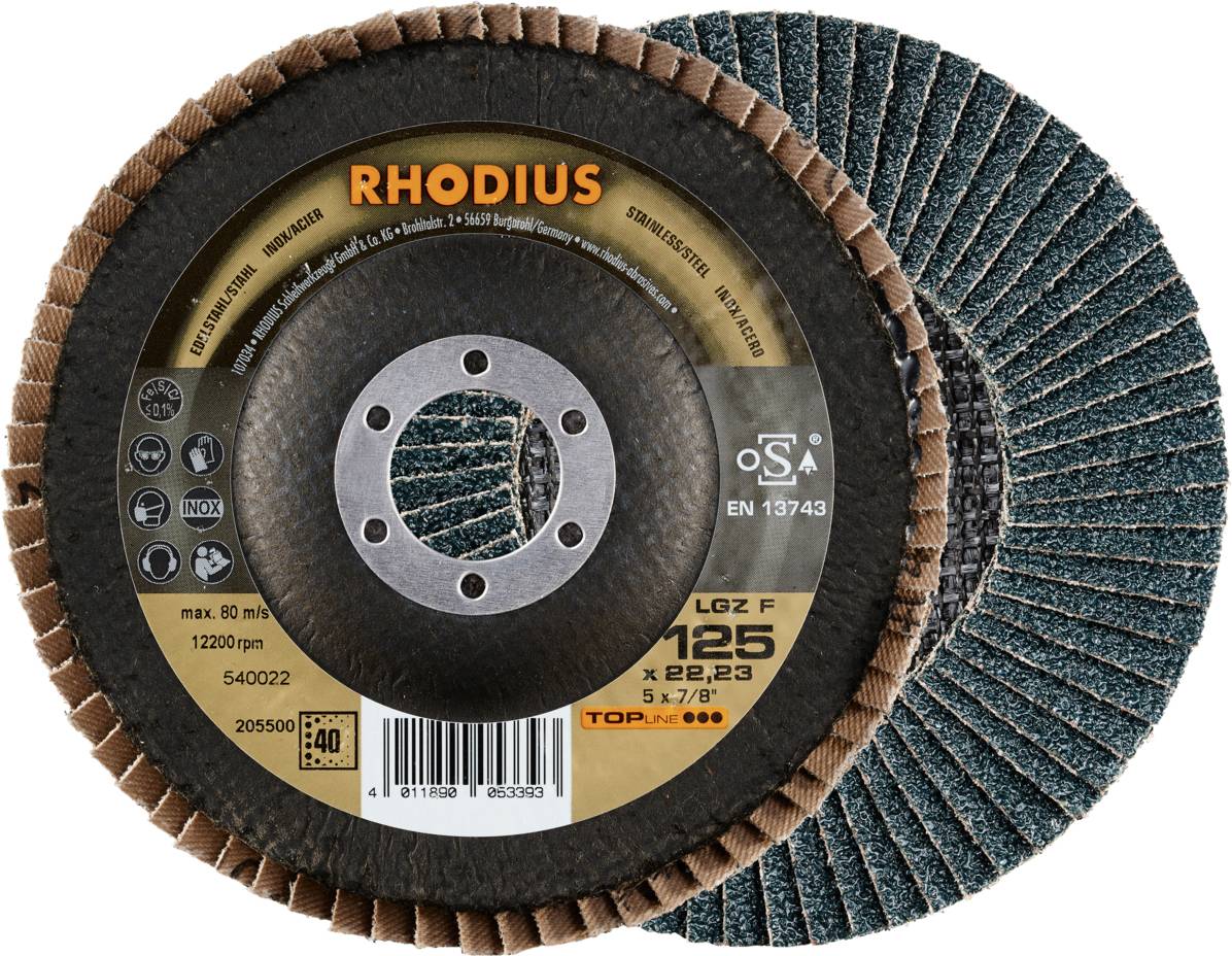 Disques à tronçonner 'Rhodius', modèle LGZ F, 125 x 22,23 mm, 80 m/s, pour meuleuse d'angle.
