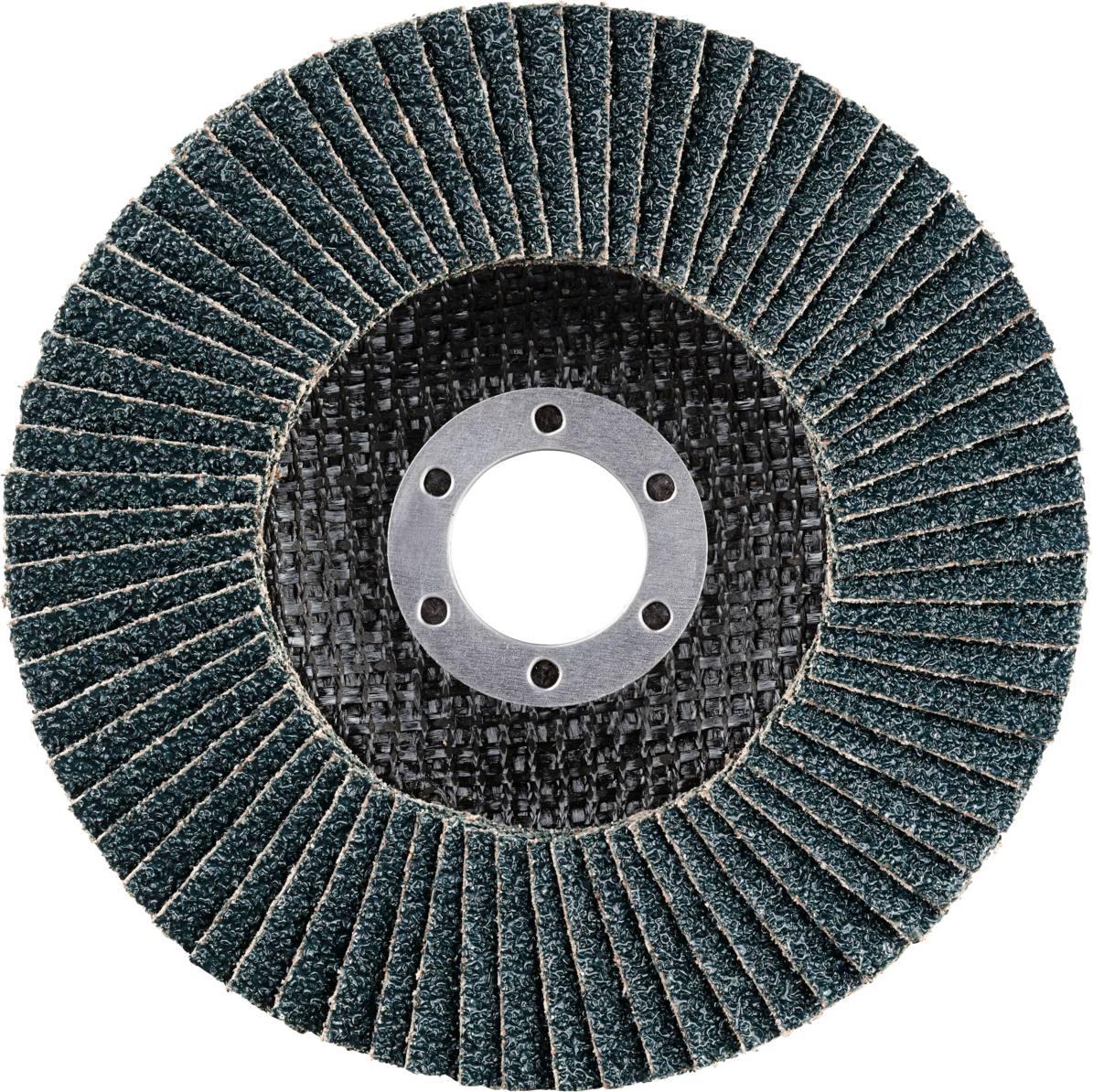 Disque abrasif à lamelles radiales, disposées de manière uniforme, avec un alésage central de fixation. Adapté pour l'usinage des métaux et du bois.