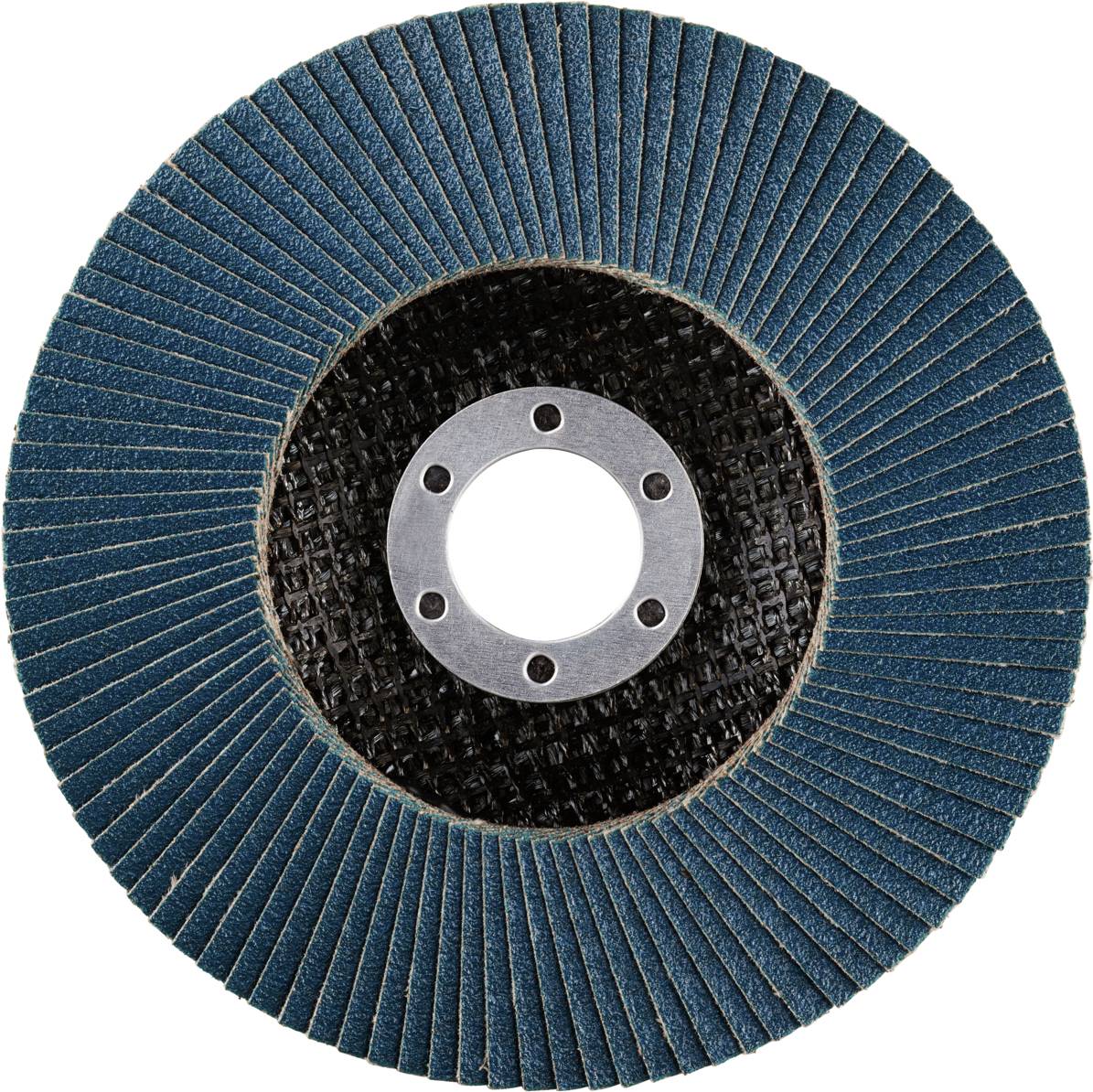 'Disque à lamelles en éventail avec des lamelles bleues et un trou central, adapté pour le ponçage de surfaces métalliques.'