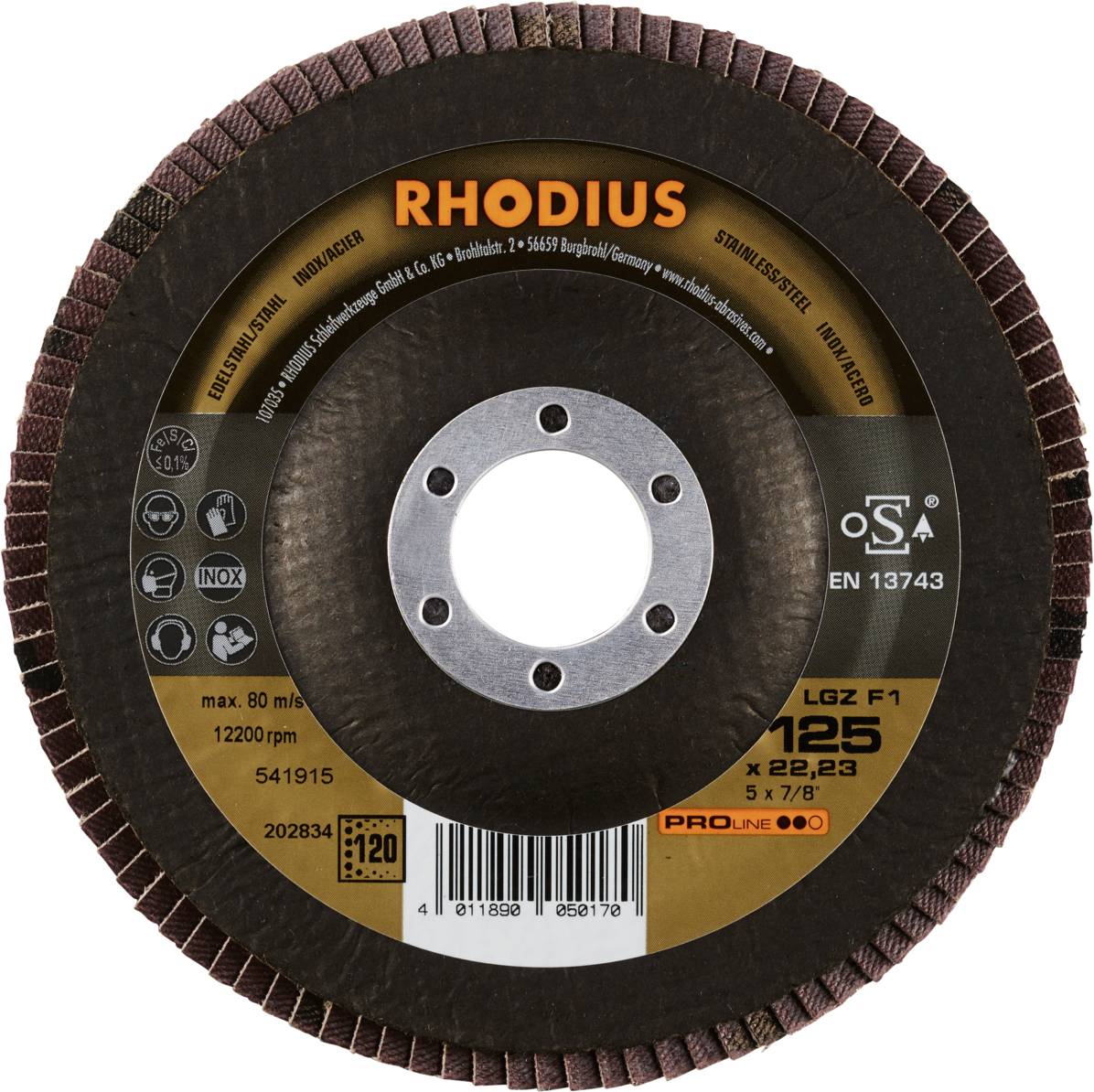 Disque abrasif 'RHODIUS', disque abrasif industriel avec indications de vitesse de rotation et de taille, principalement adapté pour l'usinage des métaux.
