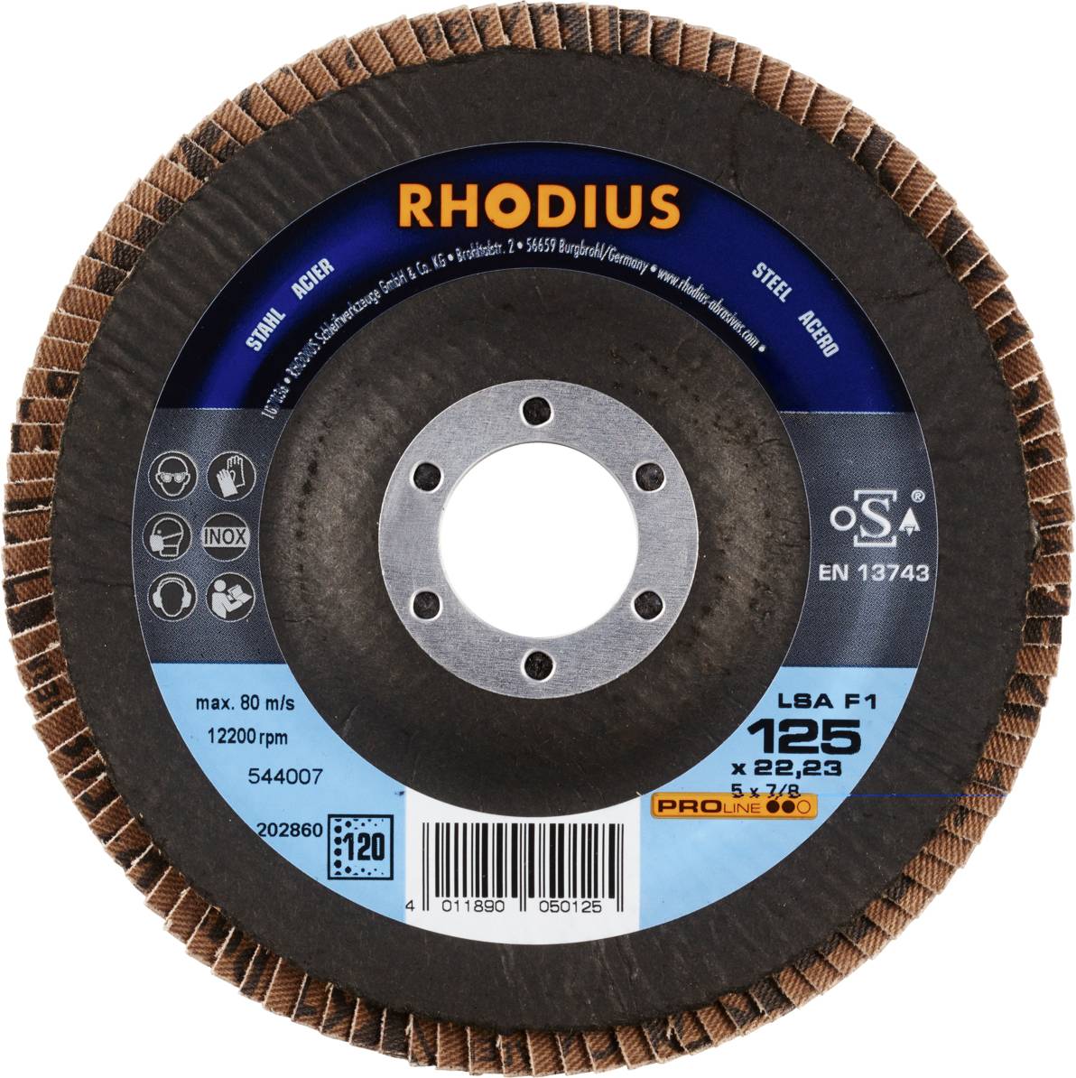 Disque à tronçonner avec impression 'RHODIUS', adapté pour l'acier et l'acier inoxydable, vitesse maximale 80 m/s, diamètre 125 mm, alésage 22,23 mm.