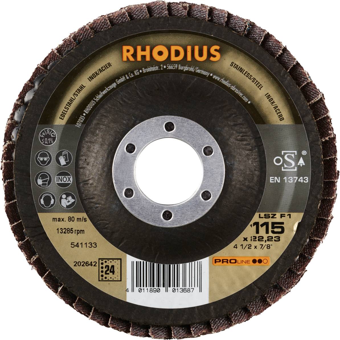Disque abrasif 'RHODIUS' pour l'usinage des métaux, diamètre 115 mm. Vitesse max. 80 m/s, norme EN 13743, avec informations d'utilisation.