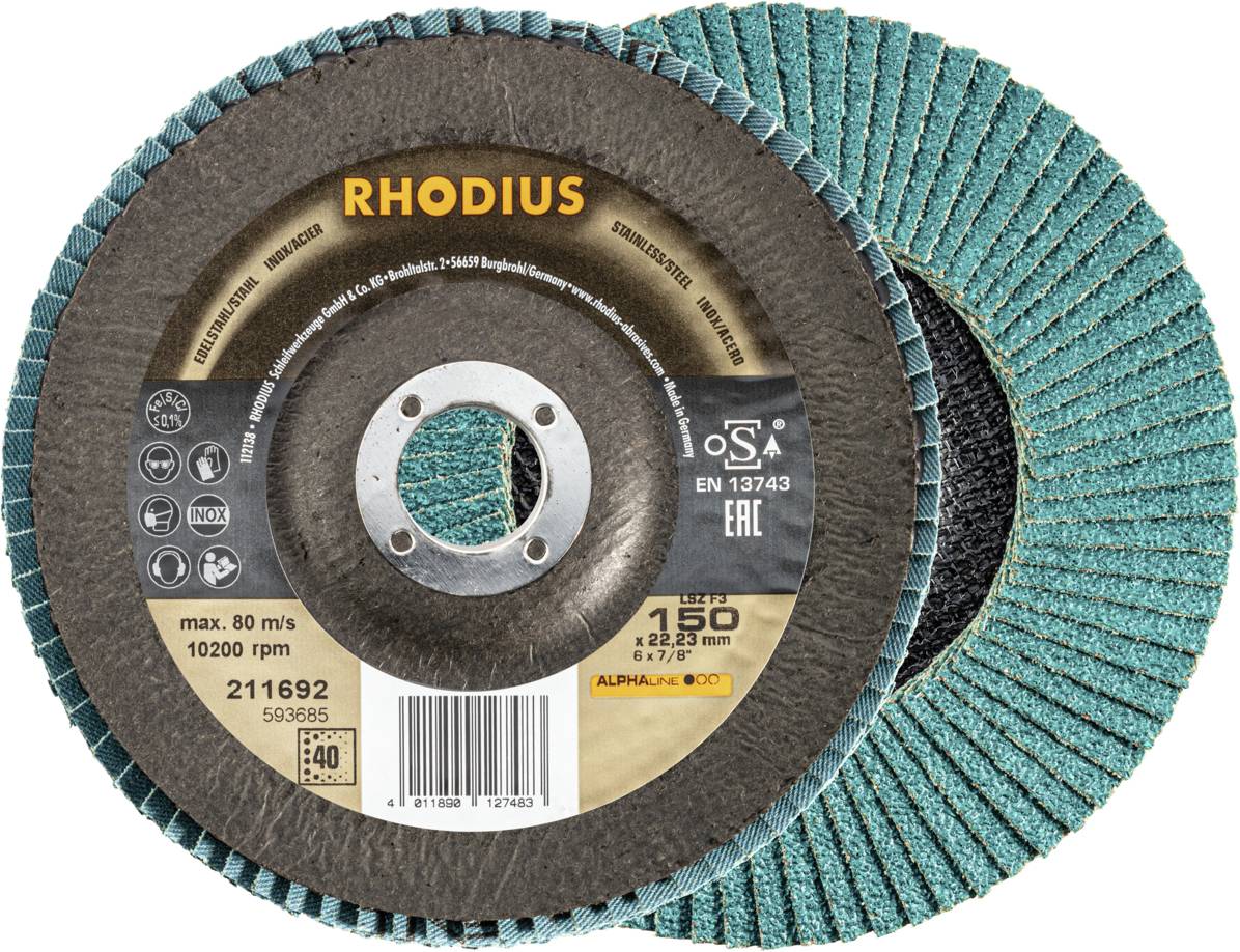 Deux disques abrasifs se chevauchant avec un matériau abrasif vert-bleu et un centre marron. Sur la surface, il est inscrit 'RHODIUS 40'.