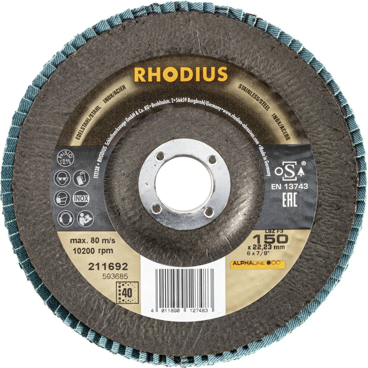Disque à tronçonner portant l'inscription 'RHODIUS'. Vitesse maximale 80 m/s, diamètre 150 mm. Adapté pour l'inox et l'acier.