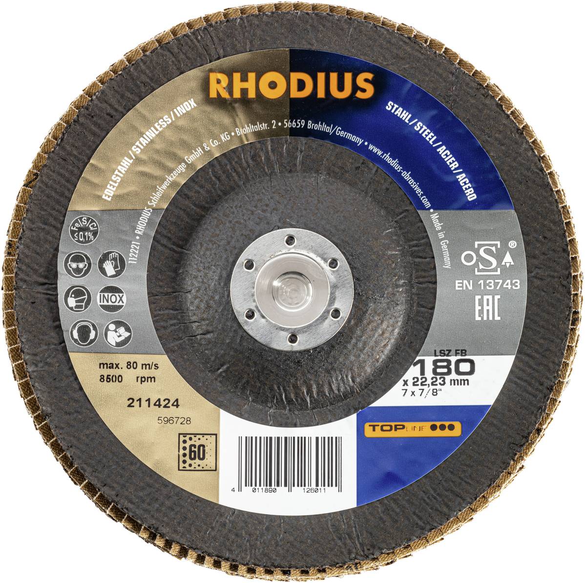 Disque à tronçonner Rhodius, acier inoxydable, vitesse max. 80 m/s, 8500 tr/min. Diamètre : 180 mm, épaisseur : 2,2 mm. Certifié CE.