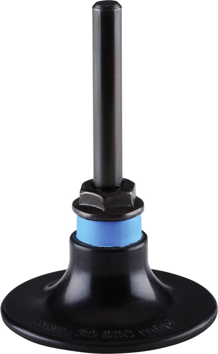 Un appareil noir avec un ruban bleu et une longue tige, probablement un composant technique ou un outil, est dressé verticalement.