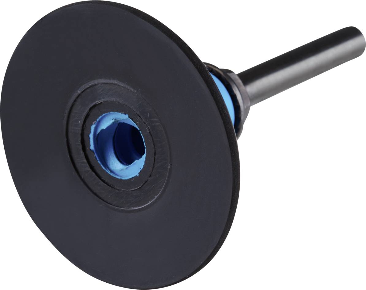 Un pad de polissage noir sur un support métallique avec une partie intérieure bleue, adapté pour les polisseuses et les travaux de ponçage.